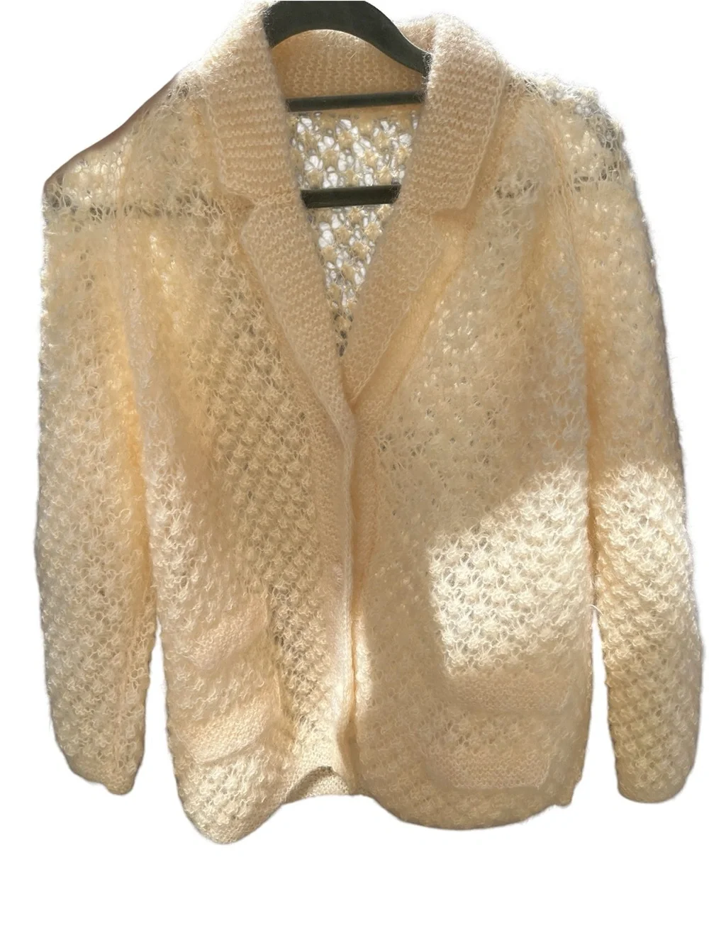 RARE! Vintage 60s Cream Mohair Wool Open-Knit Slouchy Retro Cardigan Sweater L - Picture 12 of 15